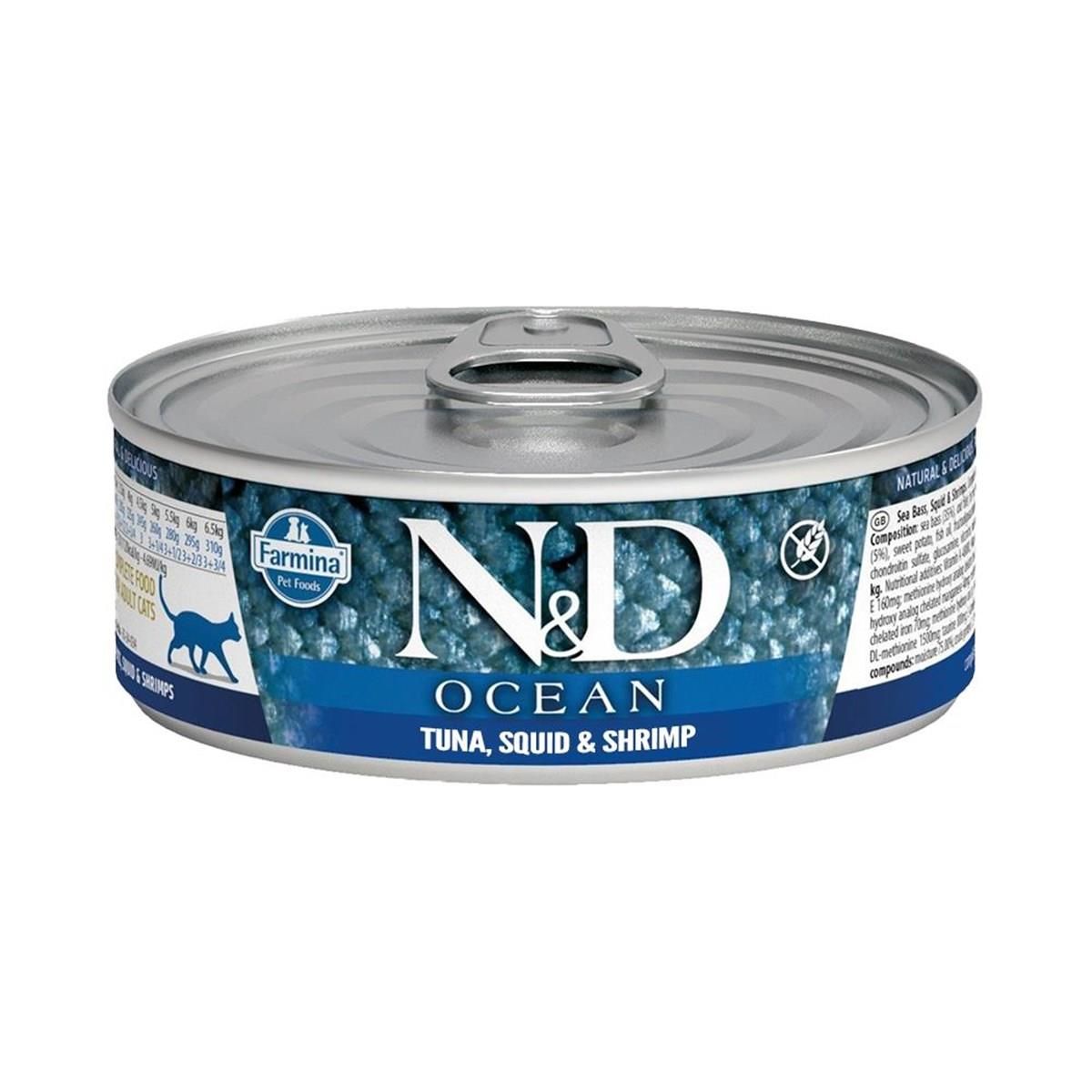 N&D Ocean Ton Balıklı Mürekkep Balıklı ve Karidesli Tahılsız Yetişkin Kedi Konservesi 80gr