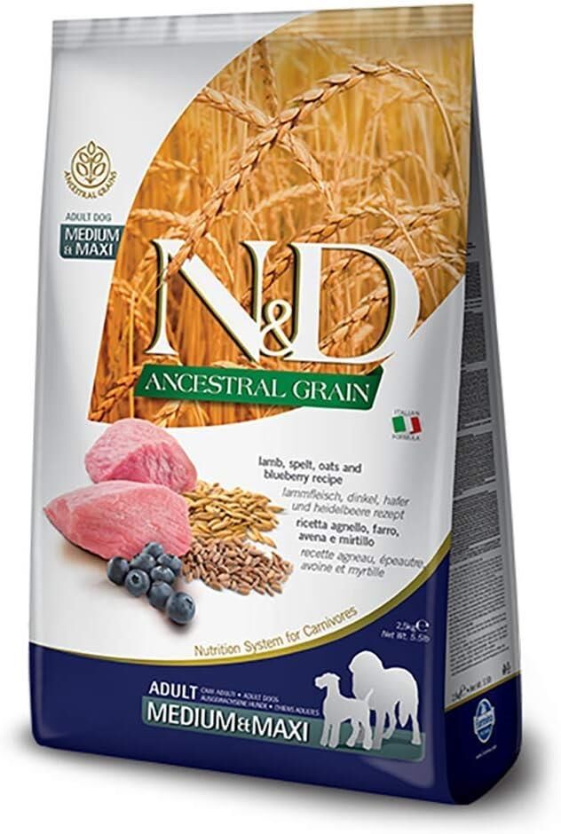 N&D ANCESTRAL GRAIN KÖPEK KUZU, KILÇIKSIZ BUĞDAY, YULAF & YABANMERSİNİ YETİŞKİN MEDIUM & MAXI 2.5KG