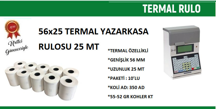 56x25 Termal Rulo 25 Metre 100 Adet  | Resan