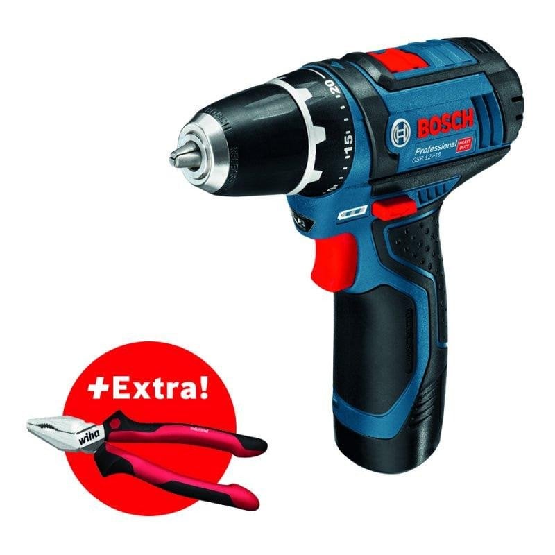 Bosch GSR 12V-15 12 Volt 2.0 Amper Çift Akülü + Wiha Pense (0615990K2L)