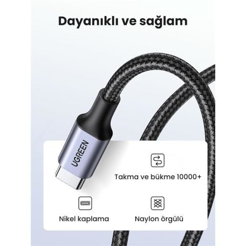 UGREEN USB-C 60W 3A QC PD ÖRGÜLÜ HIZLI ŞARJ KABLOSU 1 MT SİYAH 50150