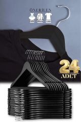 24'Lü Set Siyah Ahşap Görünümlü Plastik Elbise - Kıyafet - T-Shirt Askısı