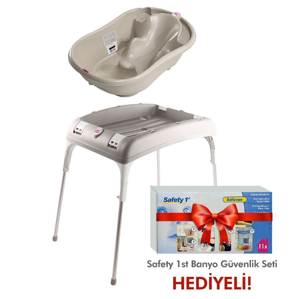 OkBaby Onda Banyo Küveti & Küvet Taşıyıcı Gri / Banyo Güvenlik Seti Hediye