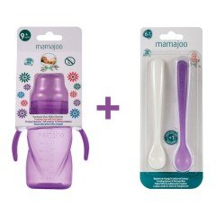 Mamajoo Kulplu Eğitici Bardak 270 ml & İkili Beslenme Kaşığı / Mor