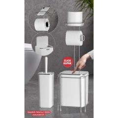 Krom Tuvalet Kağıtlığı Yedekli- Beyaz Çöp Kovası Tuvalet Fırça Seti