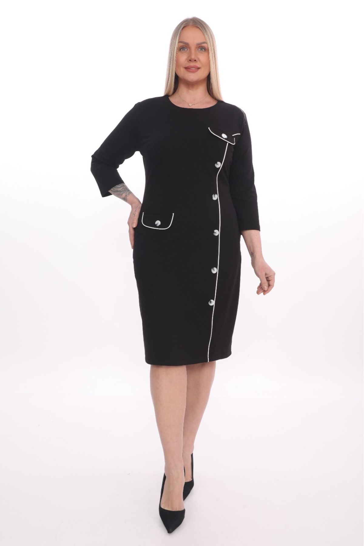 Kadın Düğmeli Biye Detaylı Büyük Beden Elbise 50