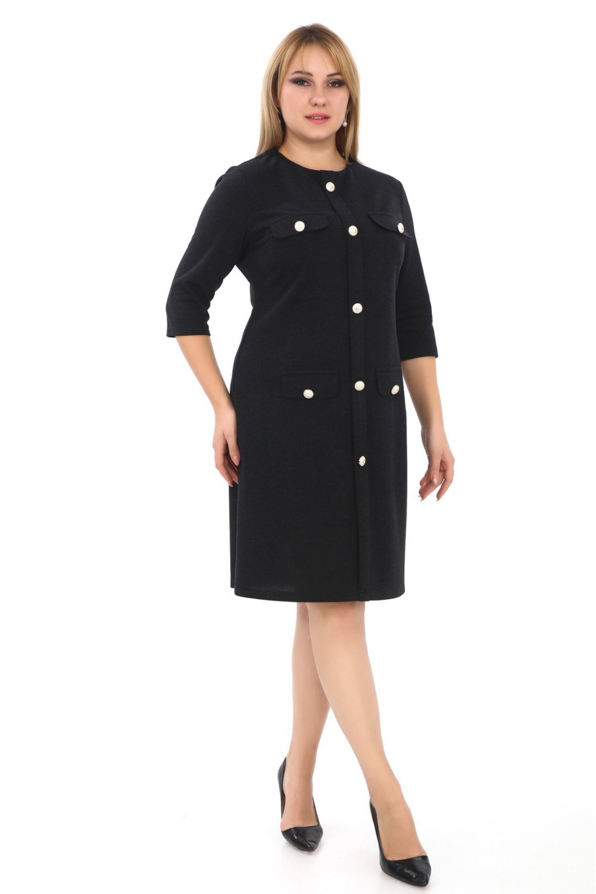 Bisiklet Yaka Düğme Detaylı Abiye Elbise 7070 Siyah 48