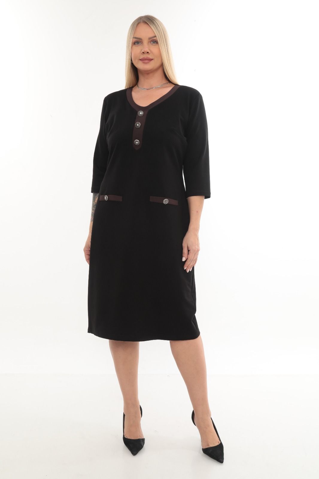V yaka kısa kol elbise Siyah - 48