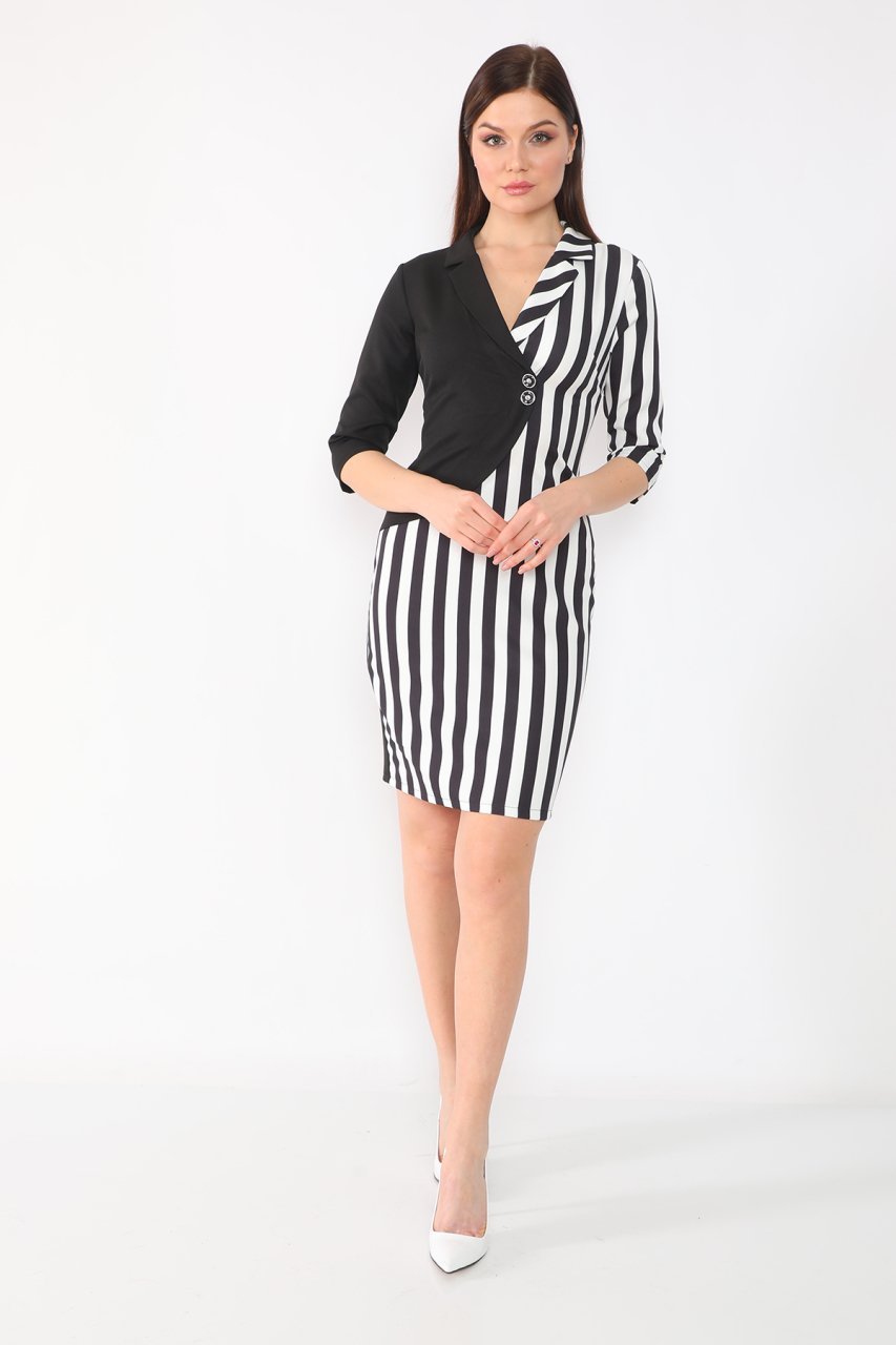 etselements Truvakar Kol Çizgili Kruvaze Ve Düğmeli Ofis Elbisesi 50