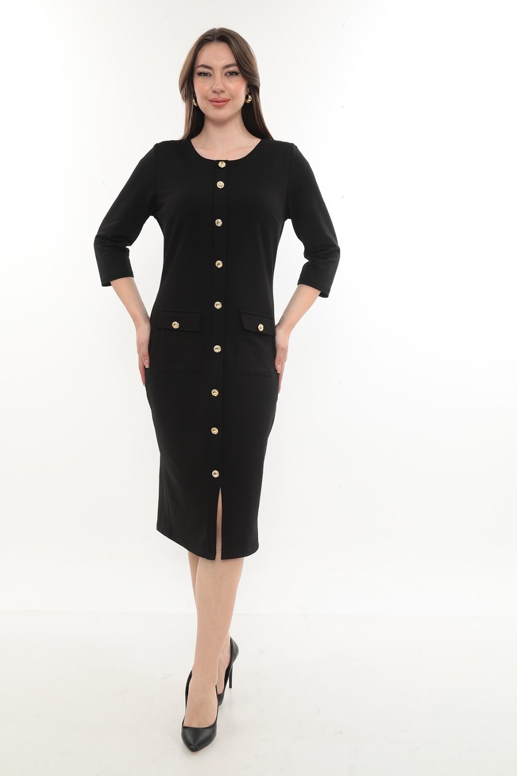 Bisiklet Yaka Önden Düğmeli Cepli Elbise Siyah - 48