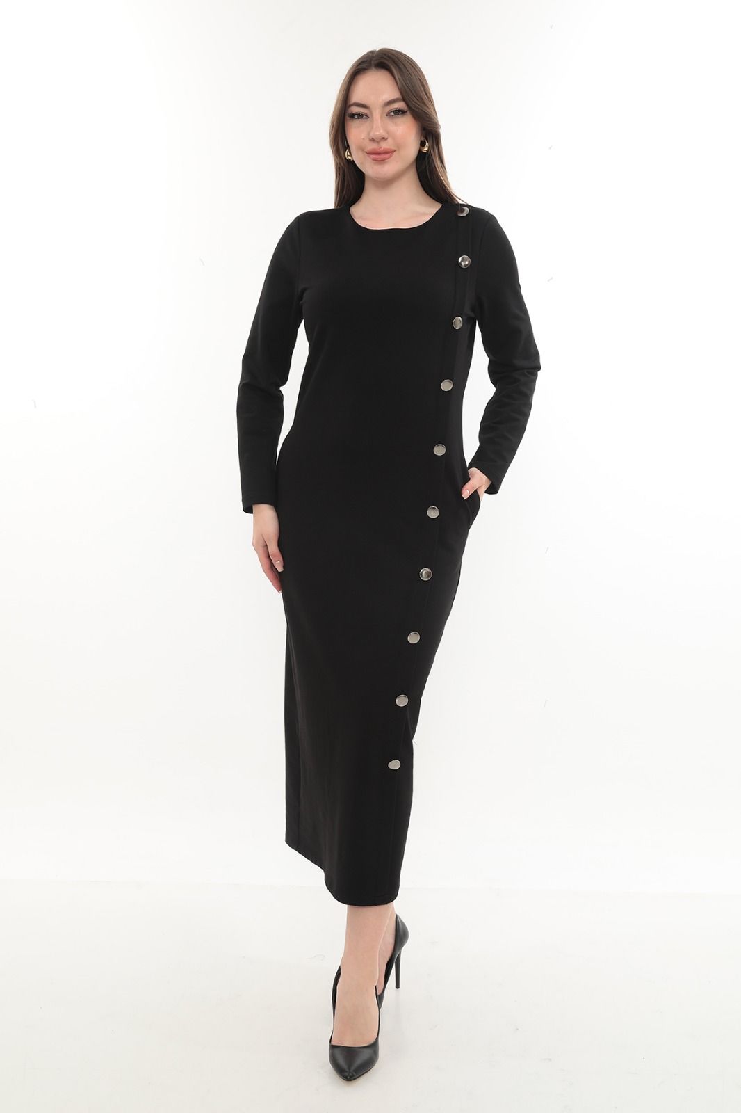 Yandan düğmeli bisiklet yaka elbise Siyah - 48