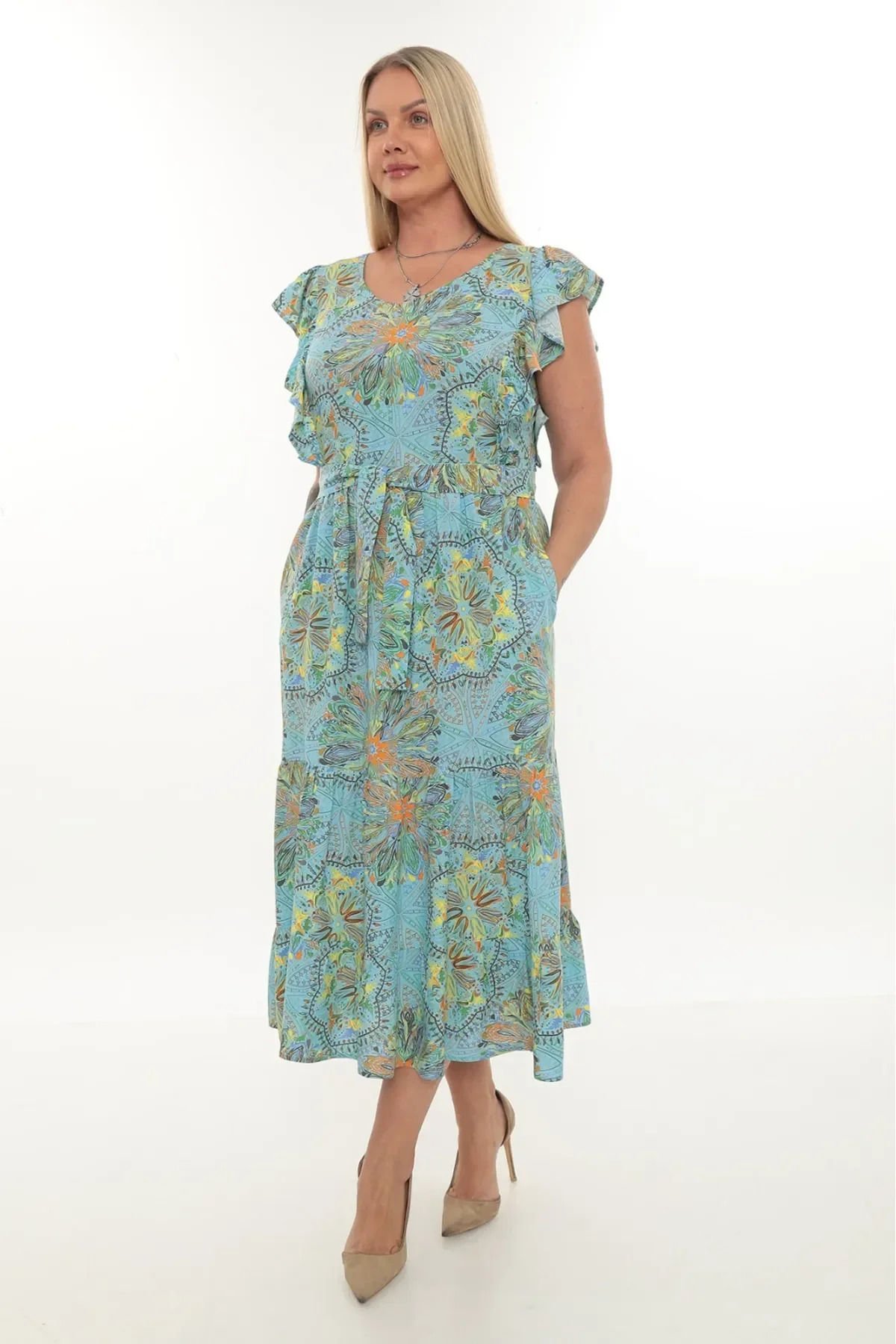 V Yaka Kuşaklı Desenli Uzun Viskon Elbise Yeşil - 48