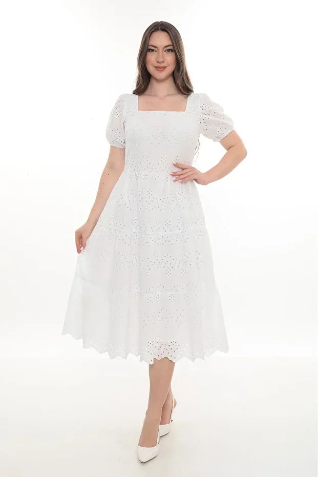 Kare Yaka Astarlı Midi Boy Vual Elbise Beyaz - 42