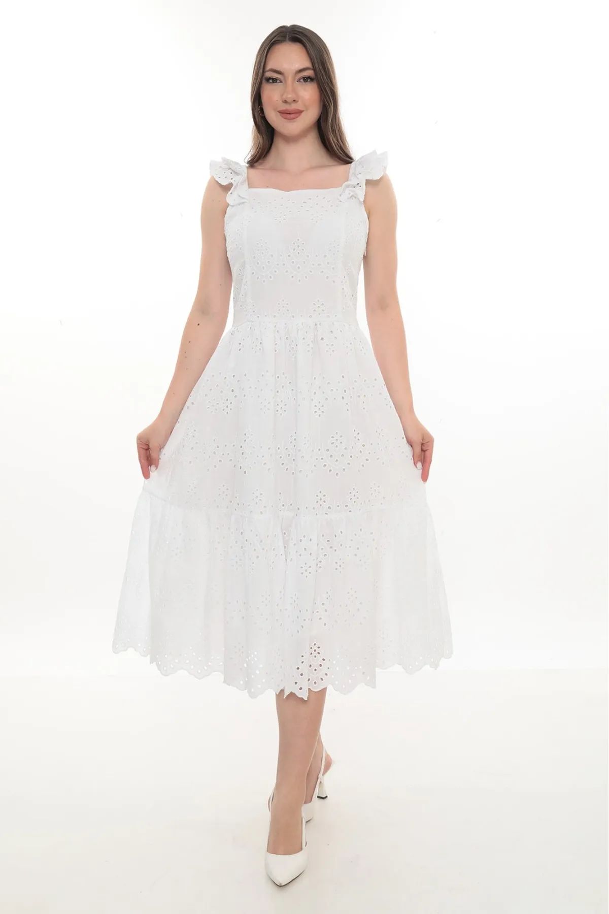 Kare Yaka Astarlı Vual Kolsuz Elbise Beyaz - 40