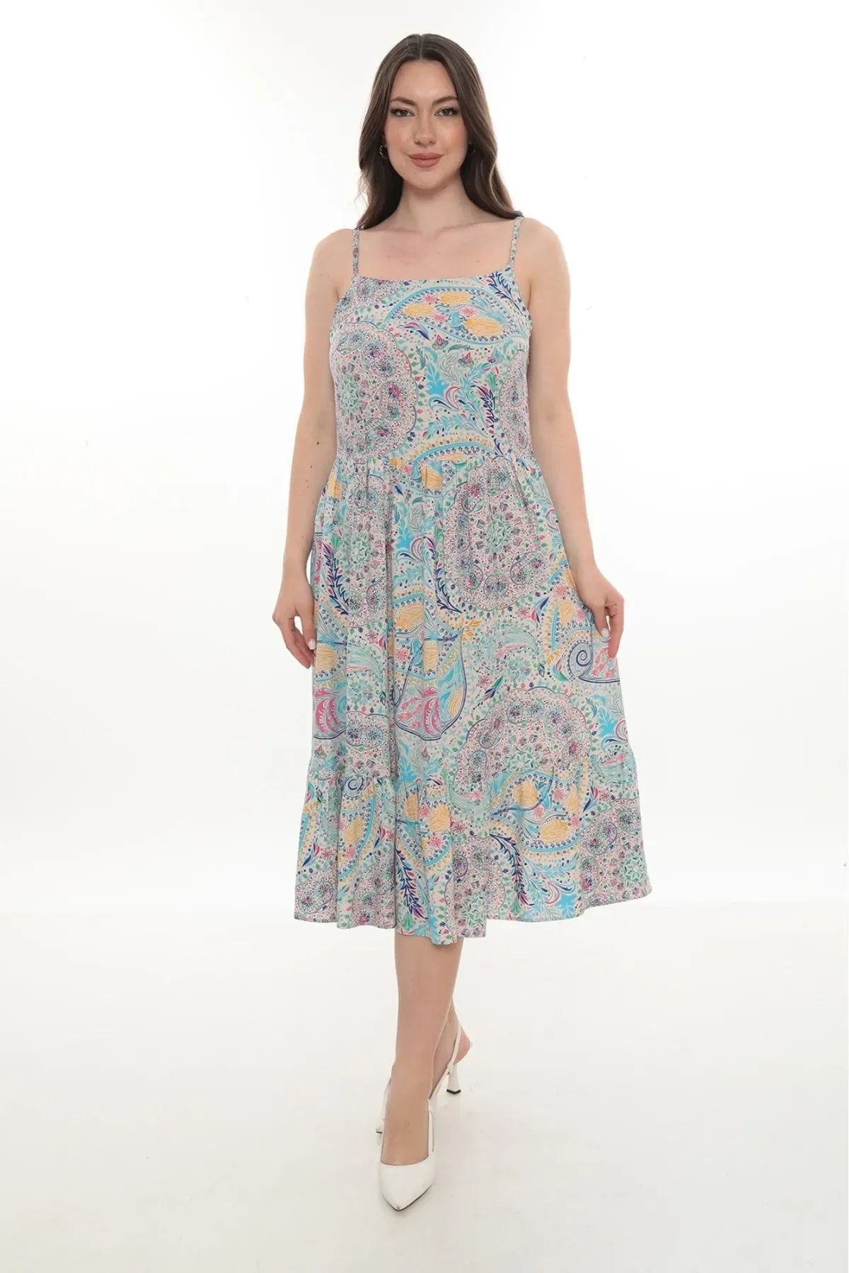 İp Askılı Desenli Yazlık Elbise 42