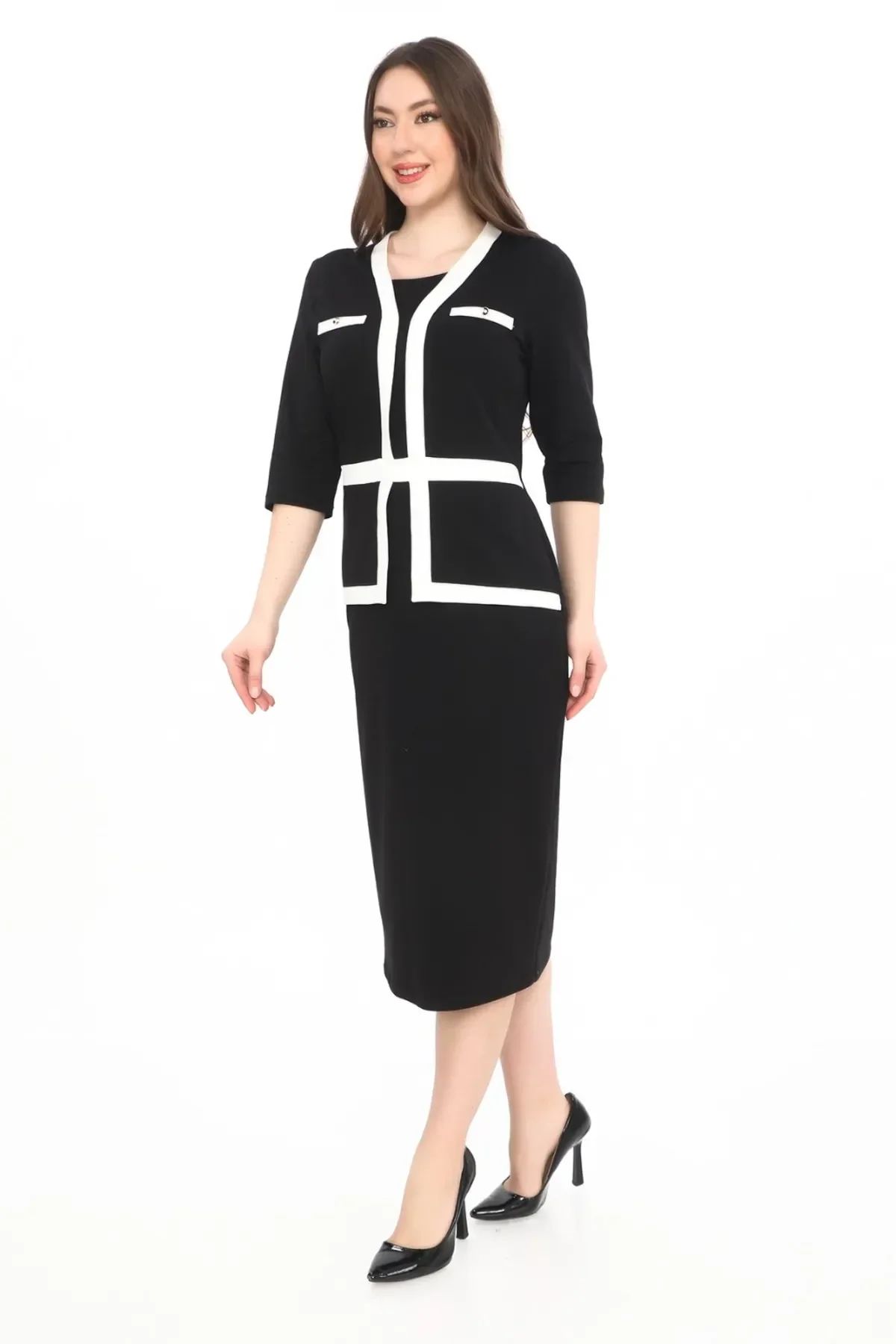 Beyaz Garni Detaylı Düğme Detaylı Takım Görünümlü Elbise Siyah - 48