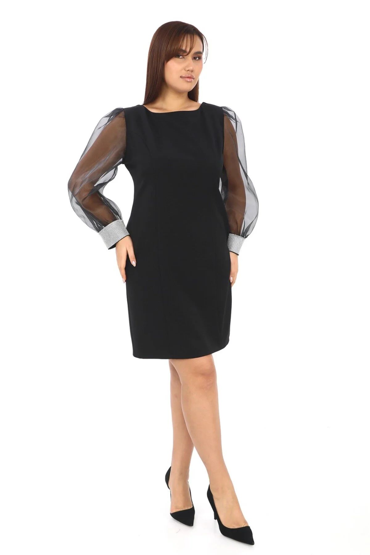 Bilek Ve Sırt Taş Detaylı U Yaka Midiboy Elbise Siyah - 48