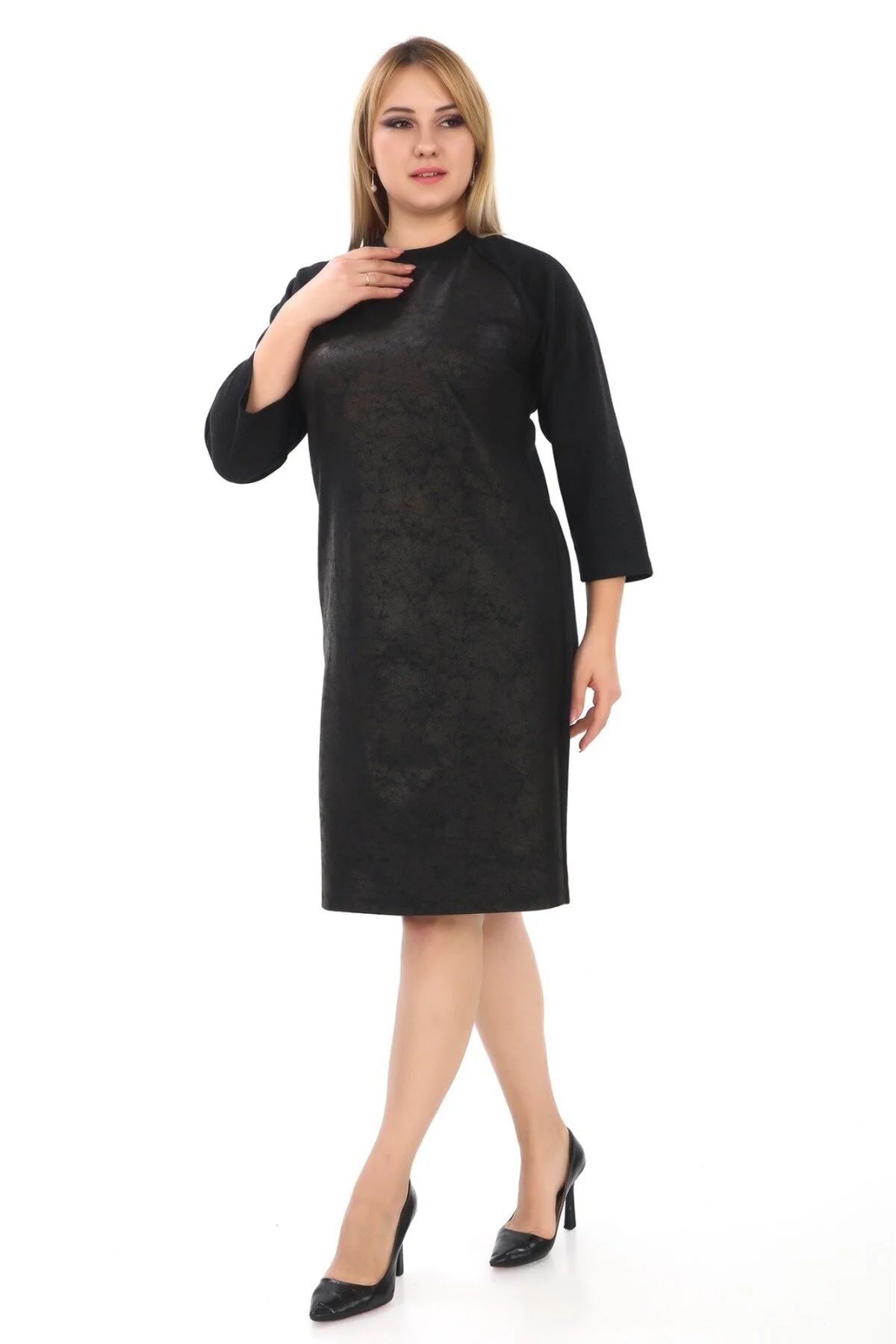 Deri Görünüm Detaylı Bisiklet Yaka Midi Boy Abiye Elbise 6786 Siyah - 48