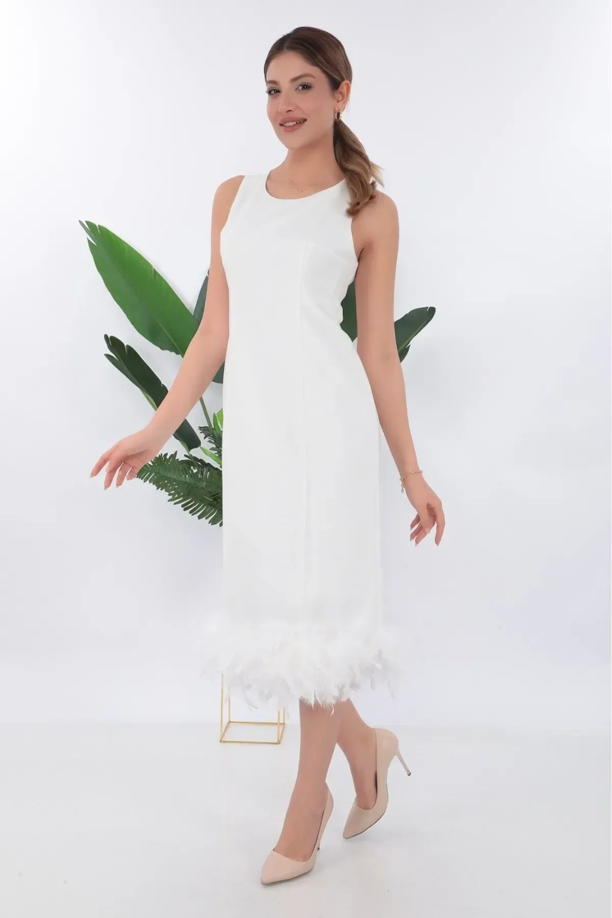 Beyaz Otriş Detaylı Nikah nişan after party elbisesi Beyaz - 44