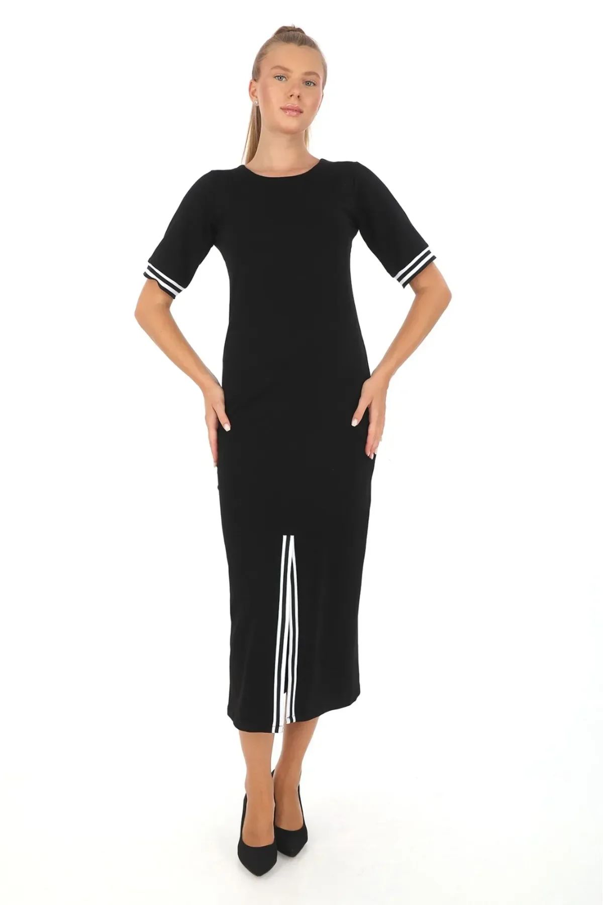 MODAPO Kadın Büyük Beden Siyah Yakası Şeritli V Yaka Sweat Elbise Siyah - 50