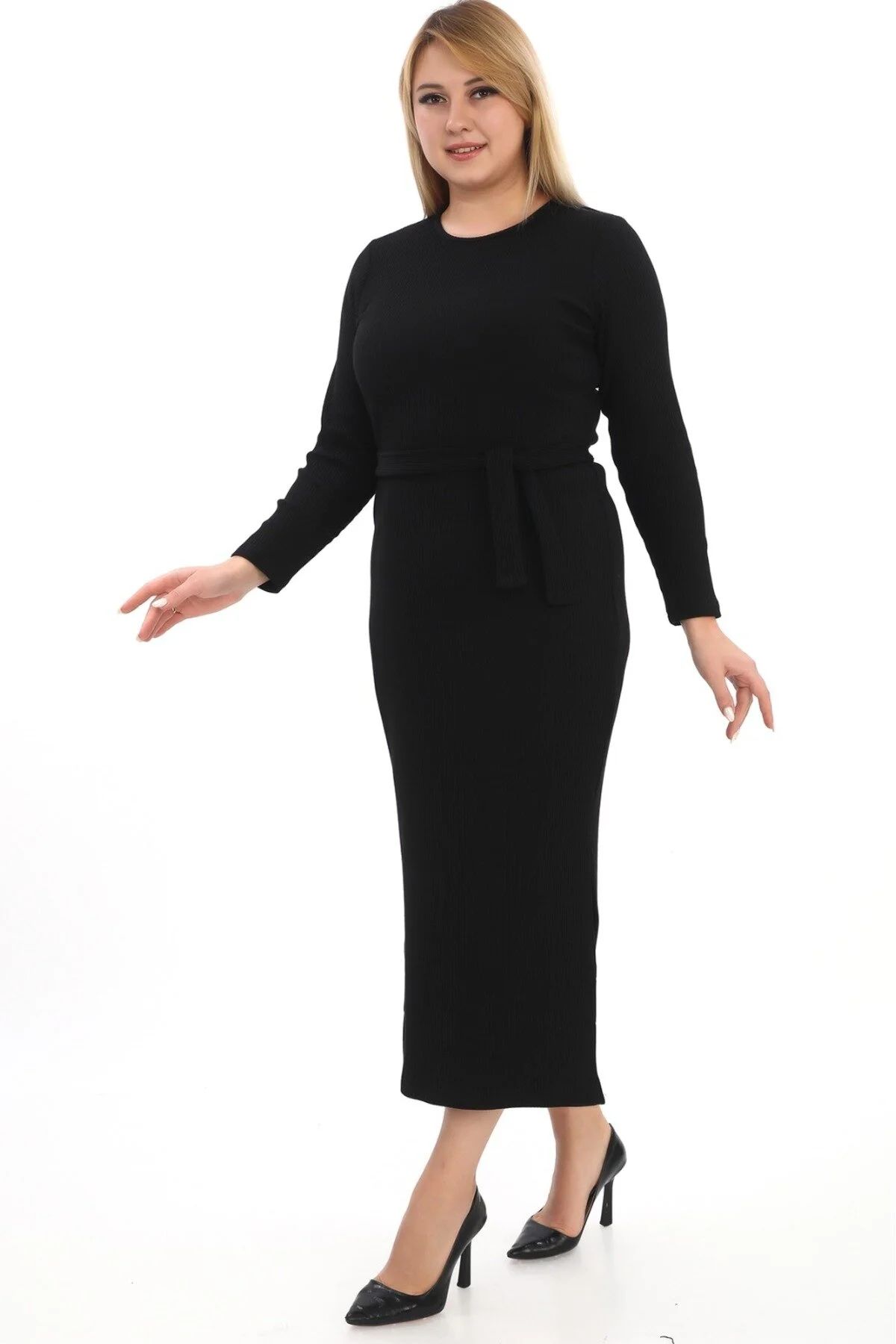 Kuşaklı Yırtmaçlı Kaşkorse Elbise Siyah - 48