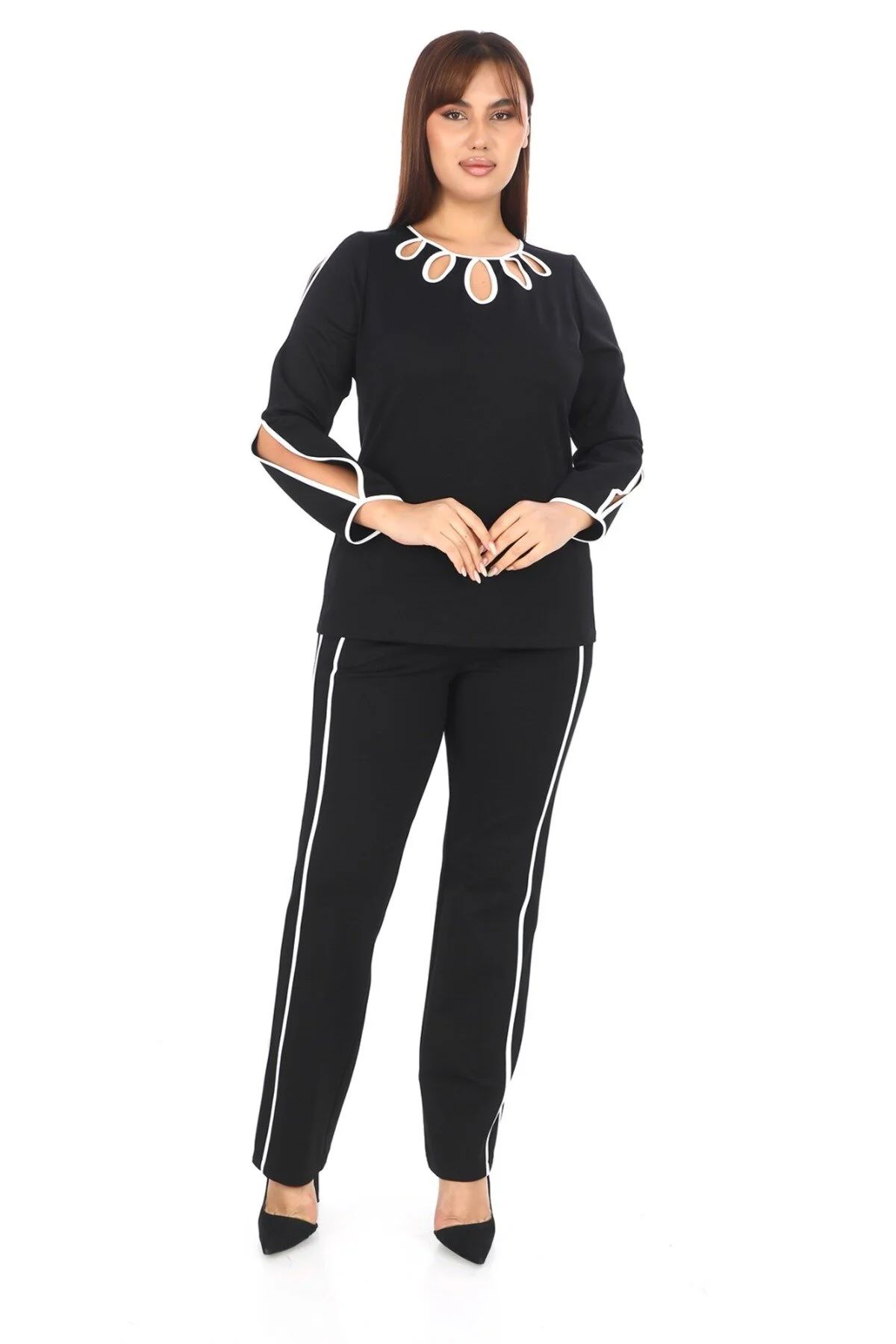 Biye Detaylı Boyun Tasarımlı Alt-Üst Takım Elbise Siyah - 46