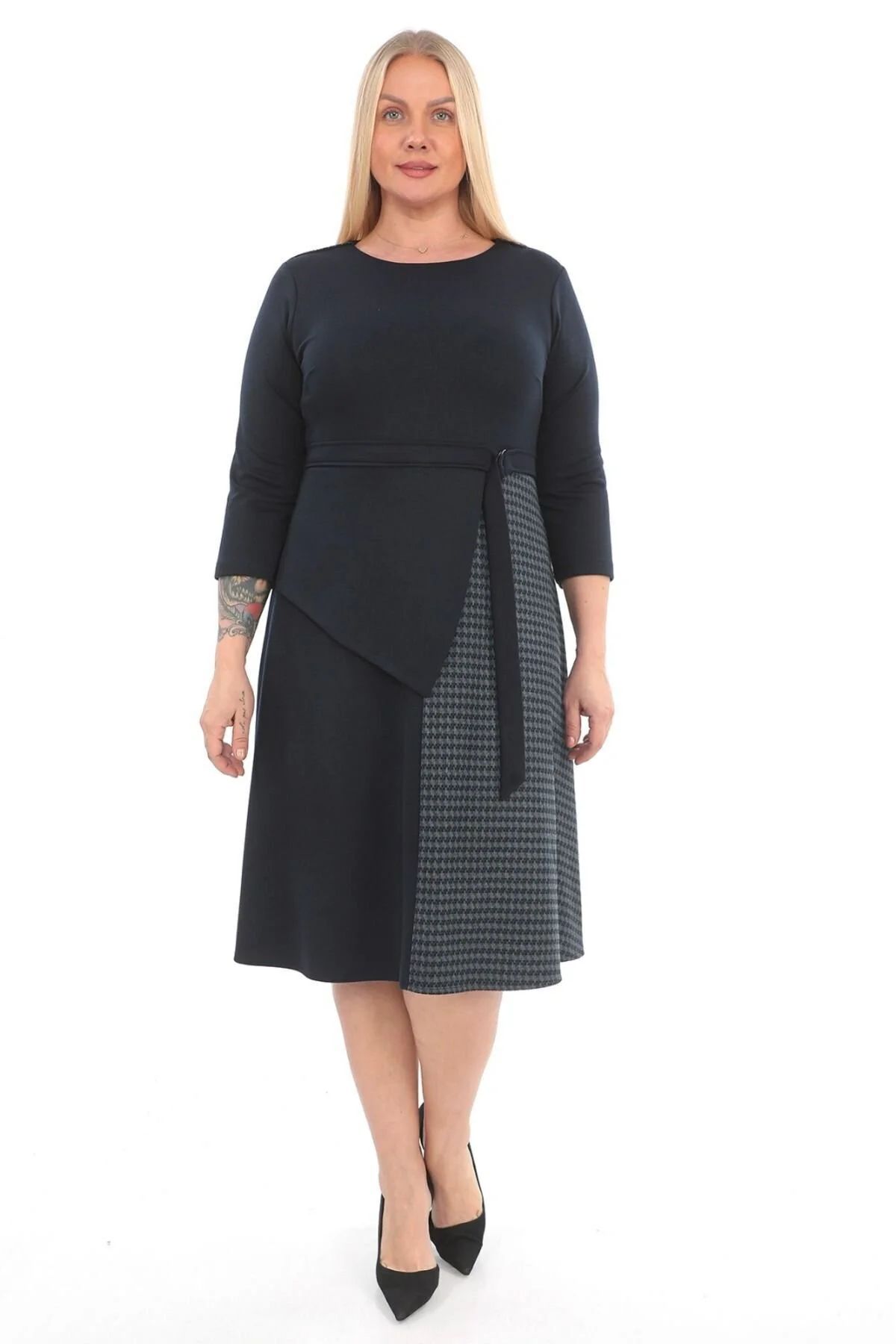 Kadın Siyah Iki Renkli Ve Kuşak Detaylı Elbise 50 - Mavi