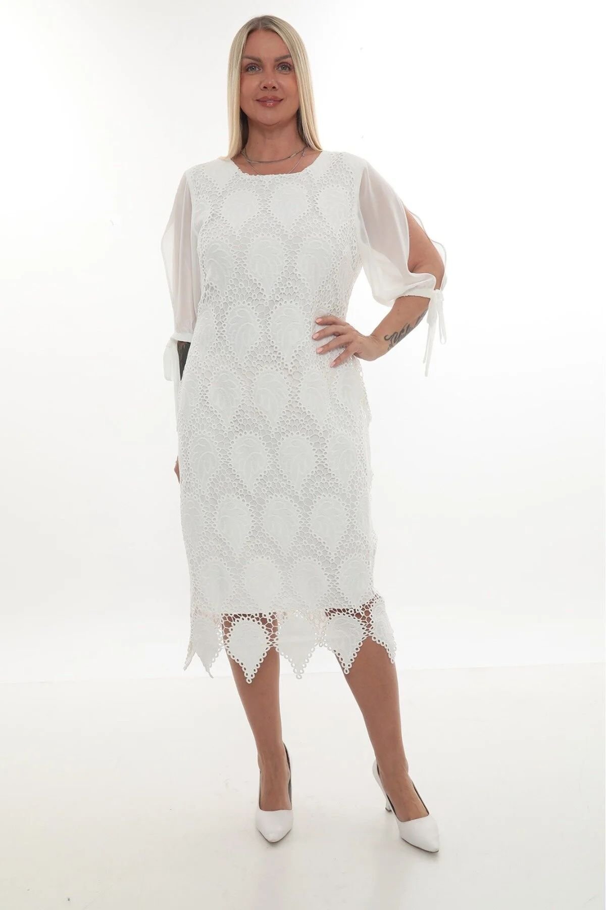 Kolları Tül bağlamalı Dantelli elbise Beyaz - 48