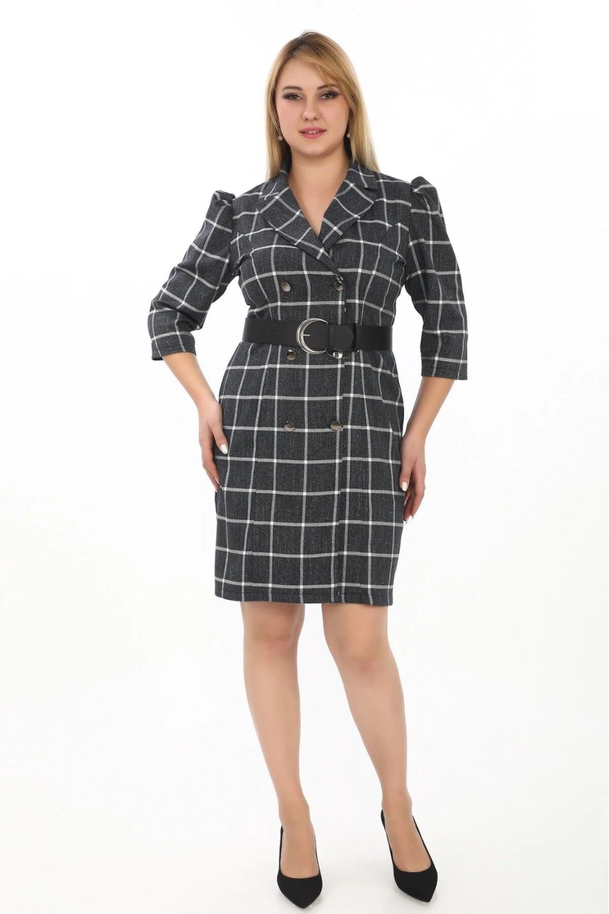 Kemer Detaylı Ekoseli Kabarık Omuz Detaylı Elbise Siyah - 48