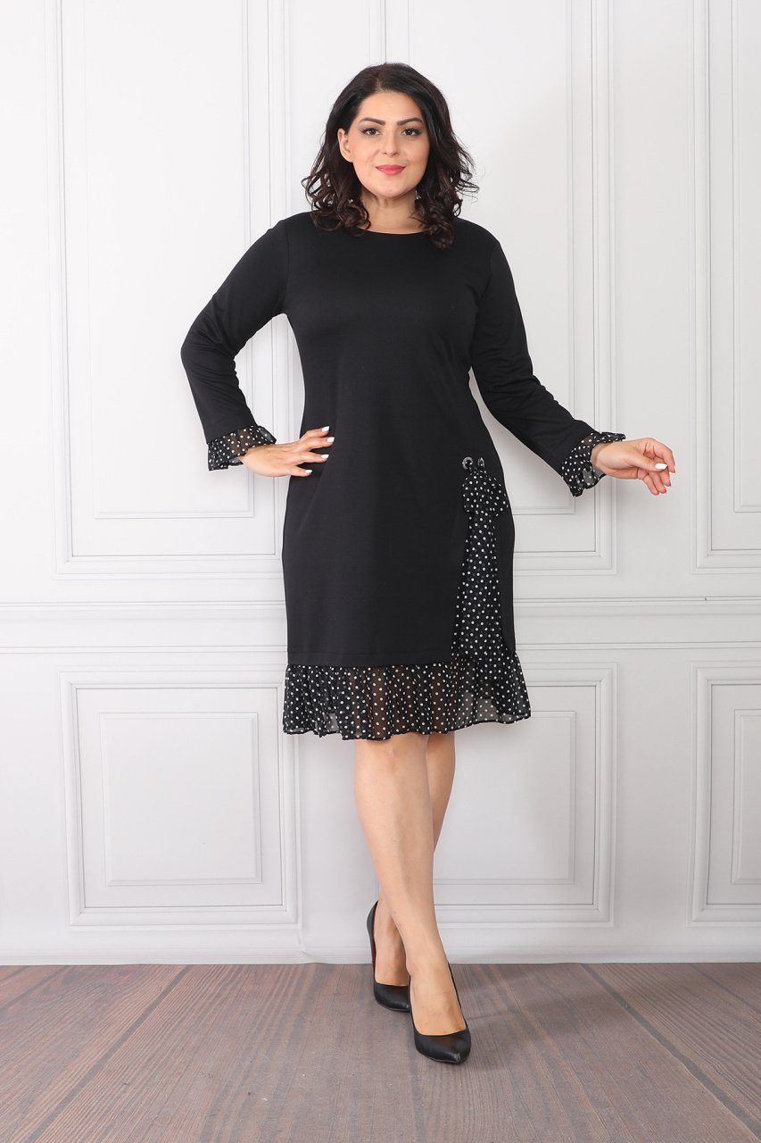 Siyah Etek Ucu Puantiye Desenli Elbise ETS320145 48
