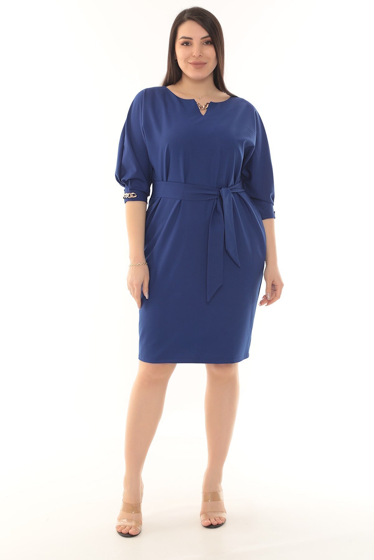 etselements Bisiklet Yaka Zincir Detaylı Kuşaklı Düz Renk Midi Elbise ETS3391 42