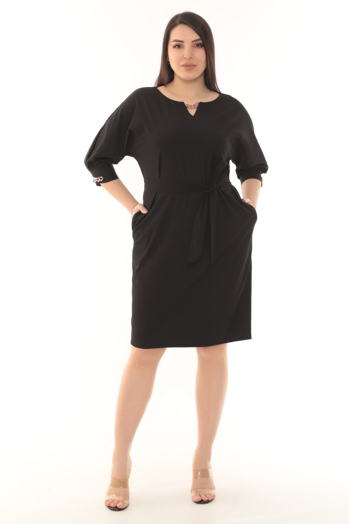 etselements Bisiklet Yaka Zincir Detaylı Kuşaklı Düz Renk Midi Elbise ETS3391 48