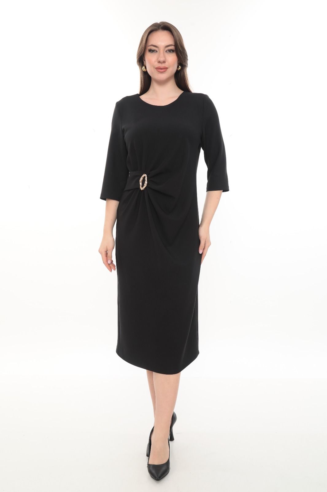 BELDEN ŞIK TOKA BÜZGÜLÜ ELBİSE ETS1005 Siyah - 48