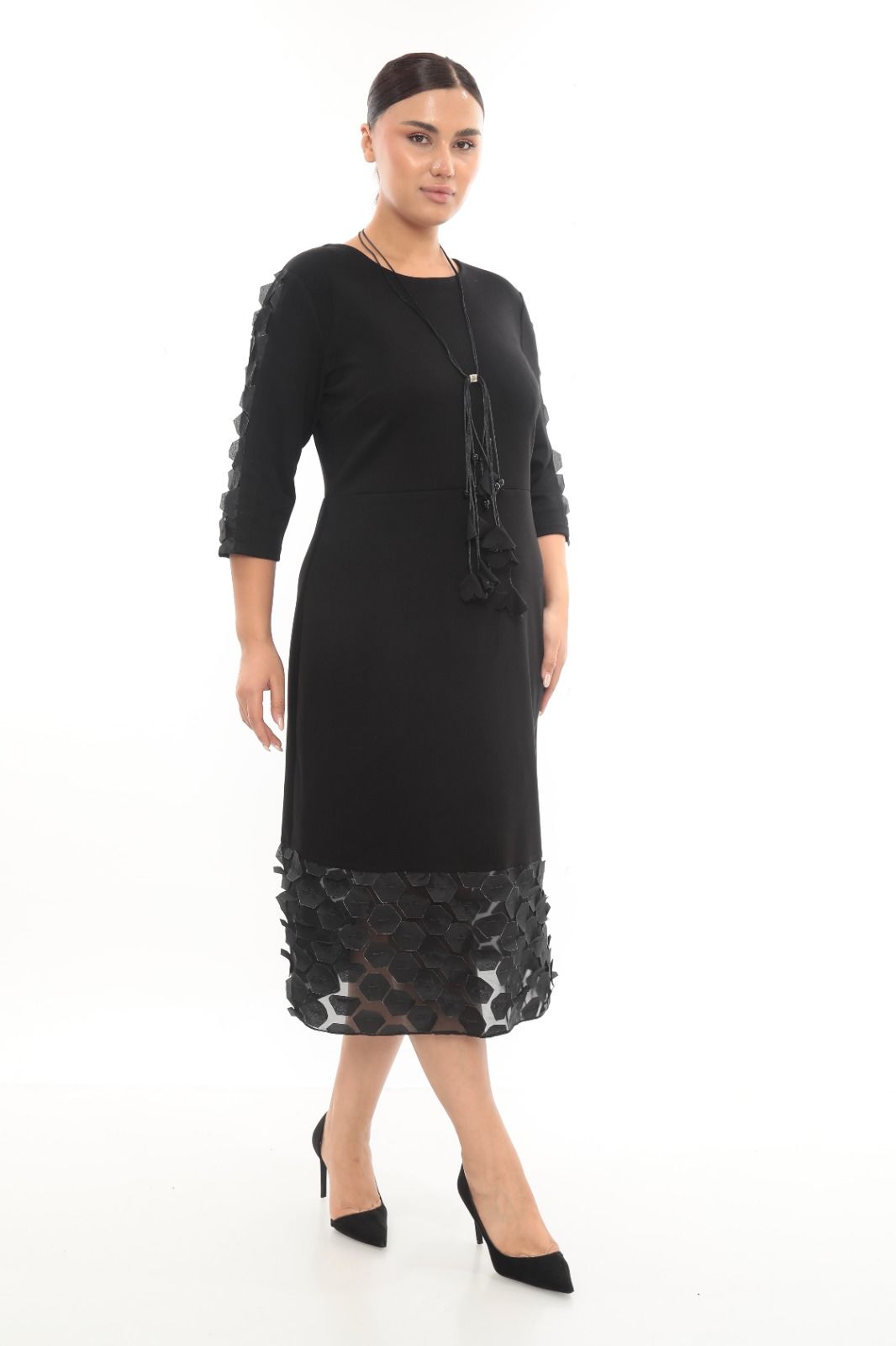 3D DETAYLI MİDİ BOY ŞIK ELBİSE ETS7215 Siyah - 48