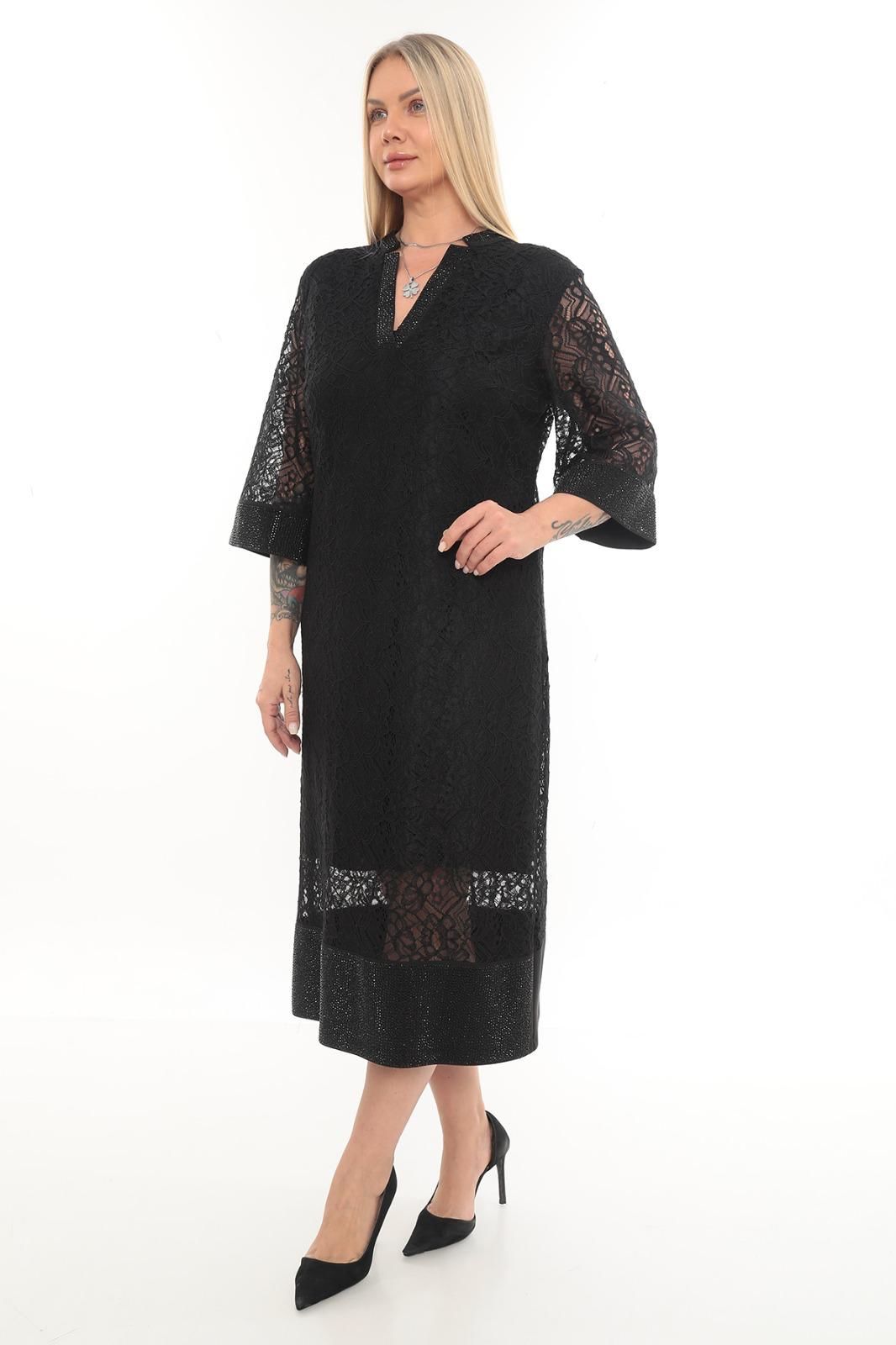 Dantel ve taş Detaylı abiye Elbise ETS7212 Siyah - 48