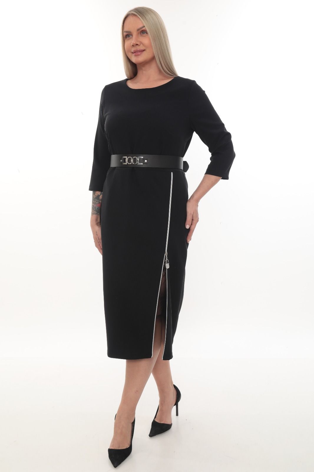 Fermuar Detaylı Kuşaklı Midi Siyah Elbise Siyah - 48