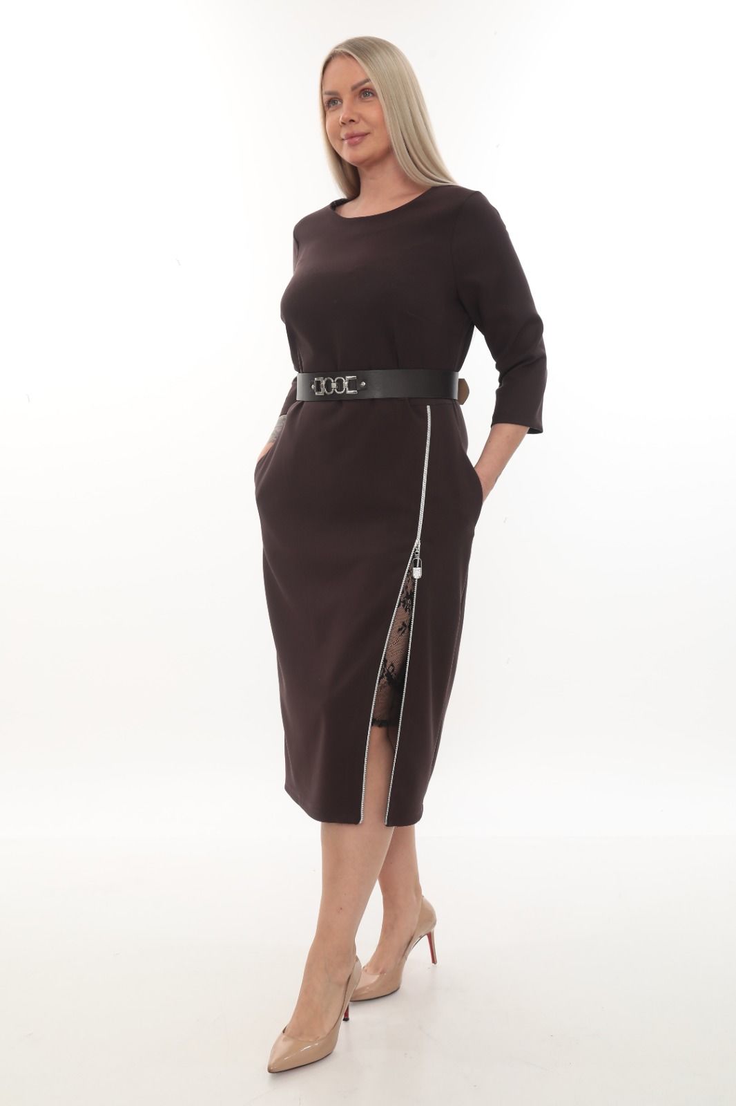 Fermuar Detaylı Kuşaklı Midi Siyah Elbise Kahve renk - 48