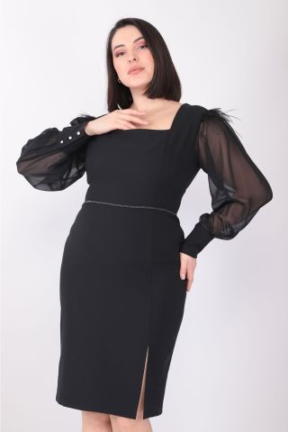 Kolu Tüylü Yırtmaçlı Elbise MDP7363 48