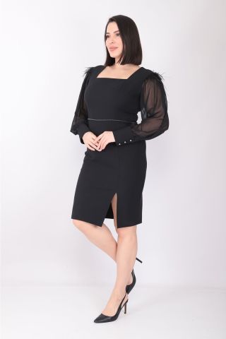 Kolu Tüylü Yırtmaçlı Elbise MDP7363 48