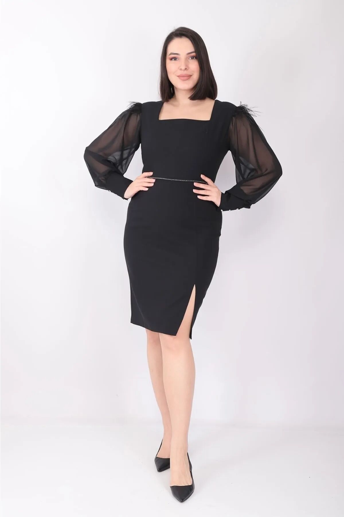 Kolu Tüylü Yırtmaçlı Elbise MDP7363 48