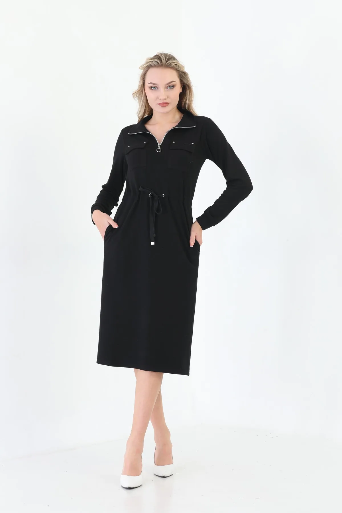 Modapo Yaka Fermuarlı Cepli Uzun Kollu Elbise ETS2656 48