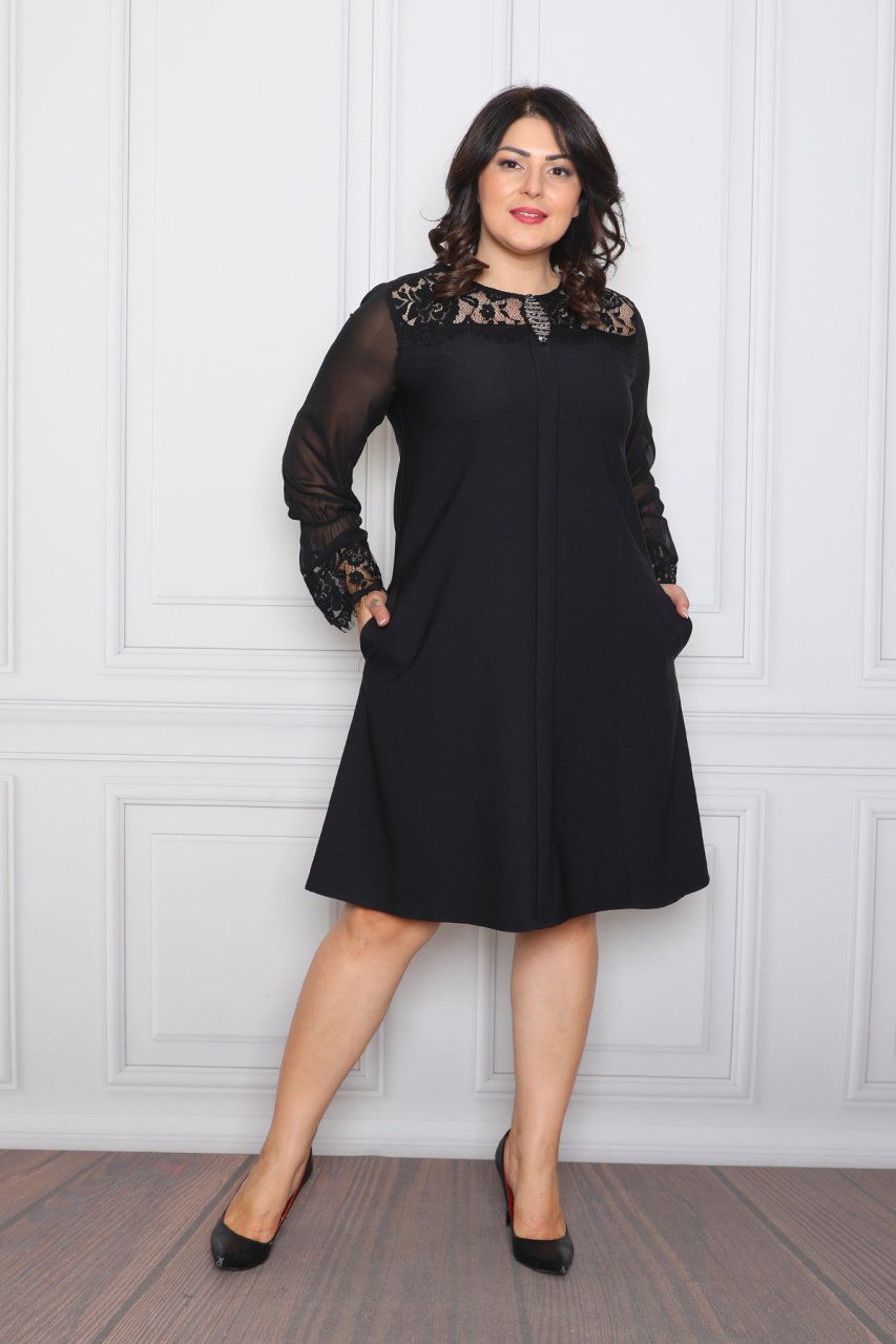 Siyah Dantel Ve Şifon Detaylı Elbise ETS580505445 50