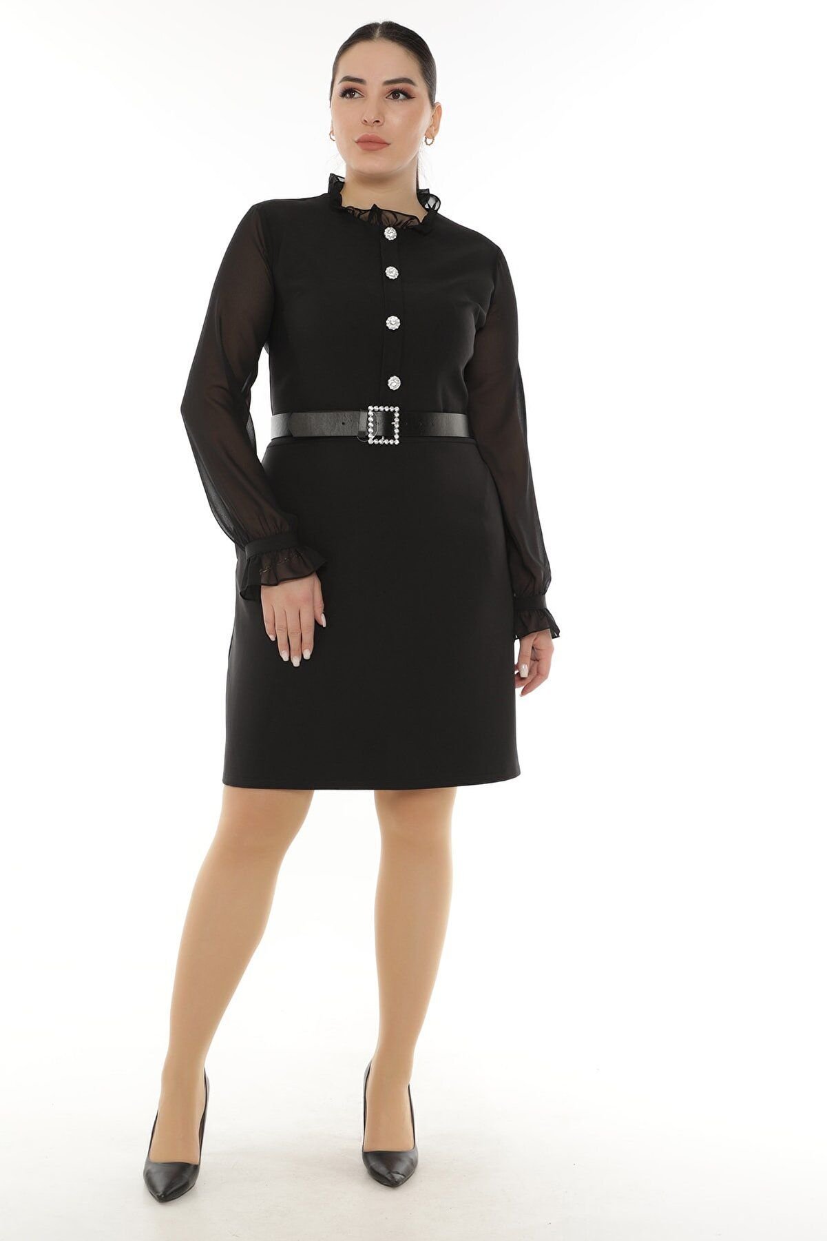 etselements Kol Kısmı Şifon Detaylı Önü Düğmeli Kemerli Elbise ETS9165 50