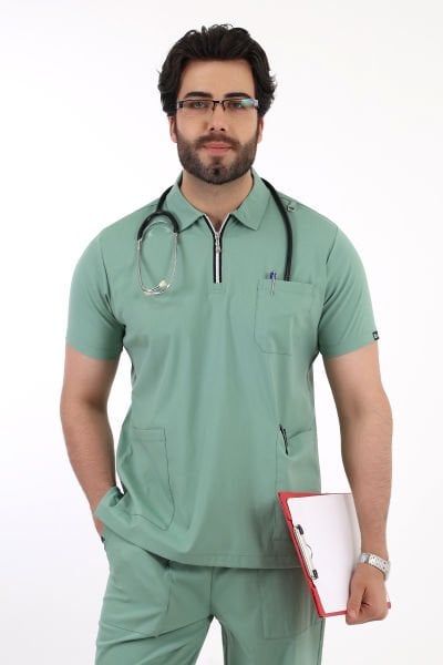 Mint Yeşili Likralı Polo Yaka Fermuarlı Erkek Doktor Hemşire Üniforma Takımı
