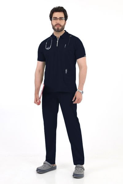 Lacivert Likralı Polo Yaka Fermuarlı Erkek Doktor Hemşire Üniforma Takımı, Büyük Beden Takım
