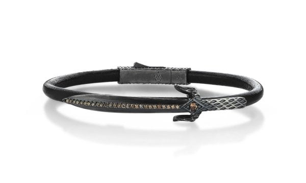 Lucky Turtles Black Leather and Champagne Stone Sword Silver Bracelet