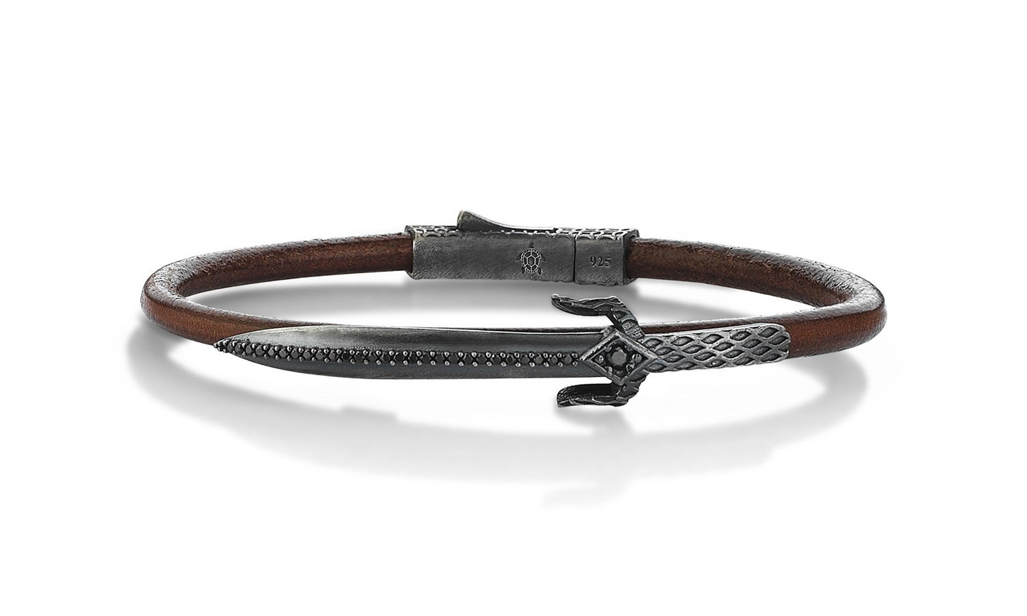 Lucky Turtles Brown Leather and Black Zircon Stone Sword Silver Bracelet