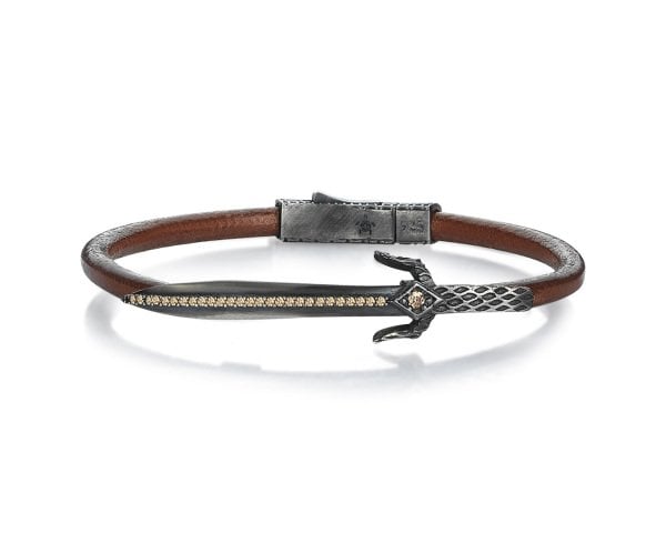 Lucky Turtles Brown Leather and Champagne Stone Sword Silver Bracelet