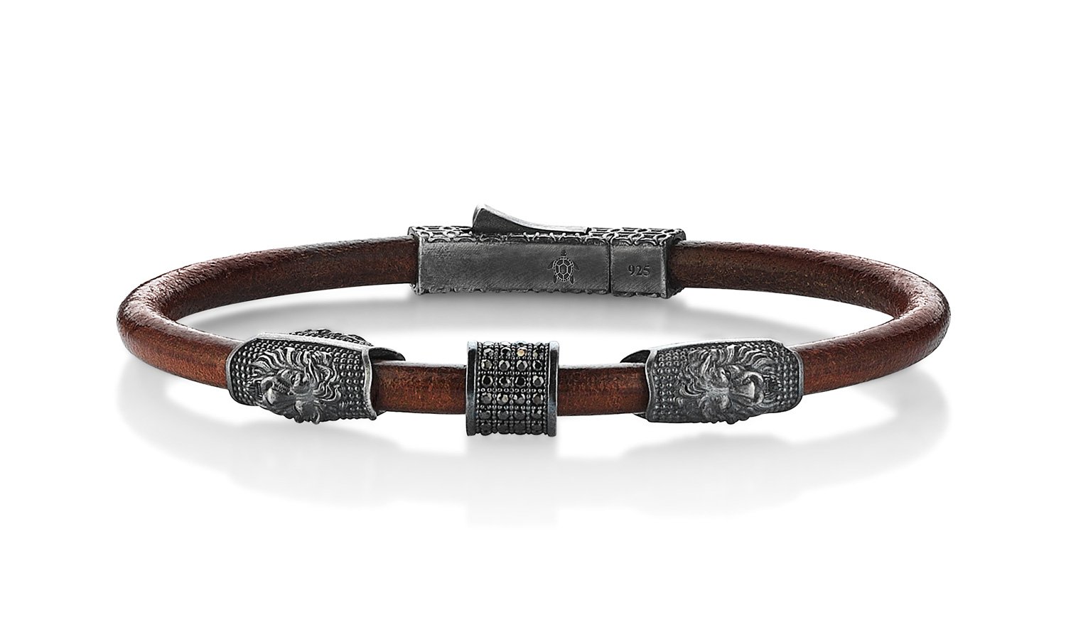 Lucky Turtles Lion Pattern Brown Leather and Black Zircon Stone Silver Bracelet