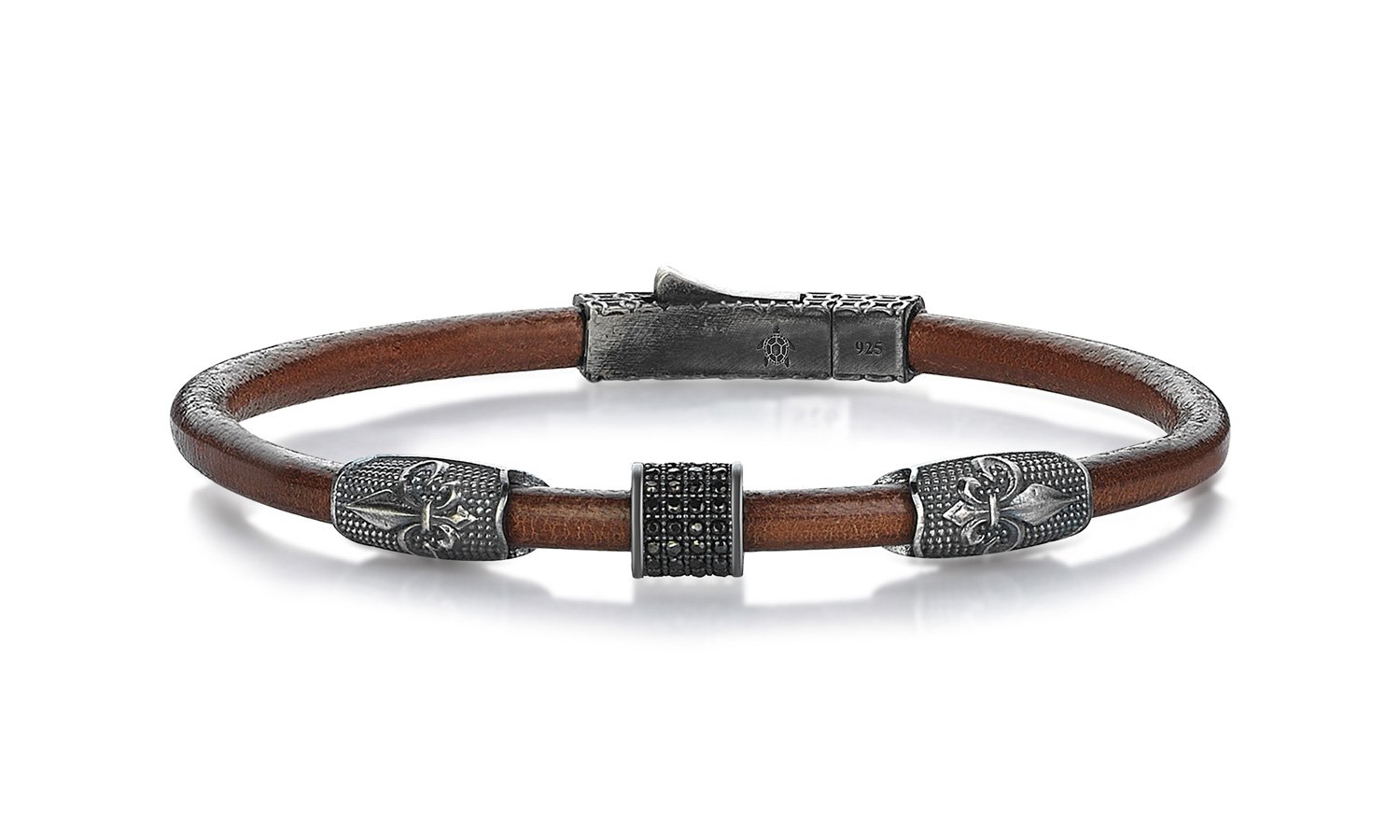 Lucky Turtles Fleur-de-lis Motif Brown Leather and Black Zircon Stone Silver Bracelet